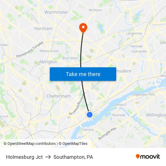 Holmesburg Jct to Southampton, PA map