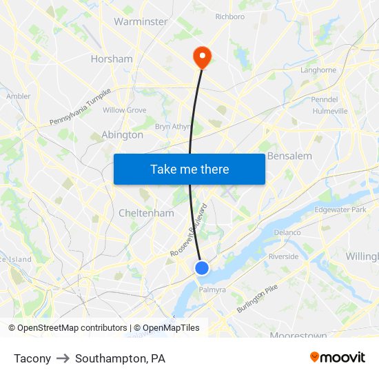 Tacony to Southampton, PA map