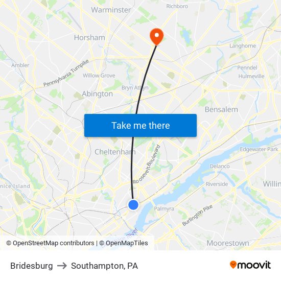Bridesburg to Southampton, PA map