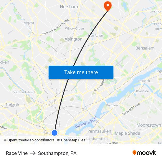 Race Vine to Southampton, PA map