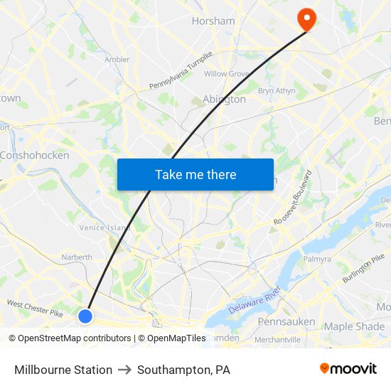 Millbourne Station to Southampton, PA map