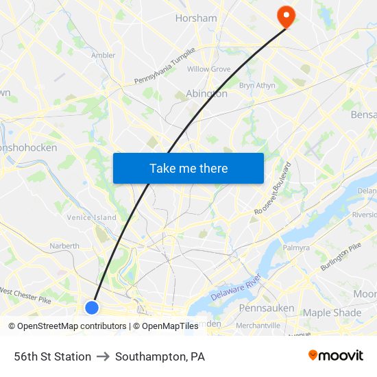 56th St Station to Southampton, PA map