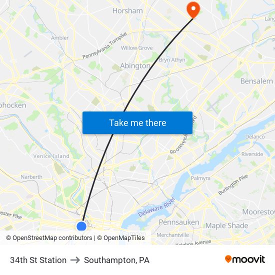 34th St Station to Southampton, PA map