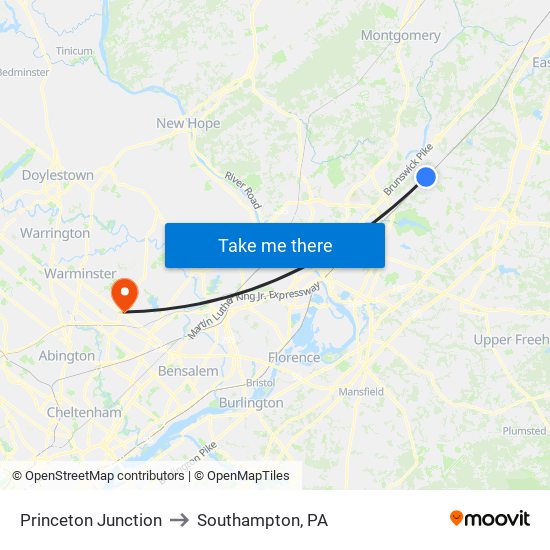 Princeton Junction to Southampton, PA map