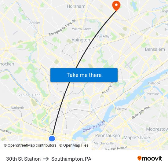 30th St Station to Southampton, PA map