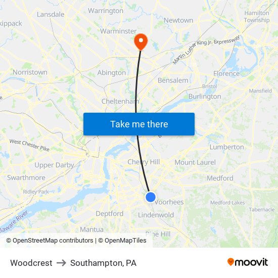 Woodcrest to Southampton, PA map