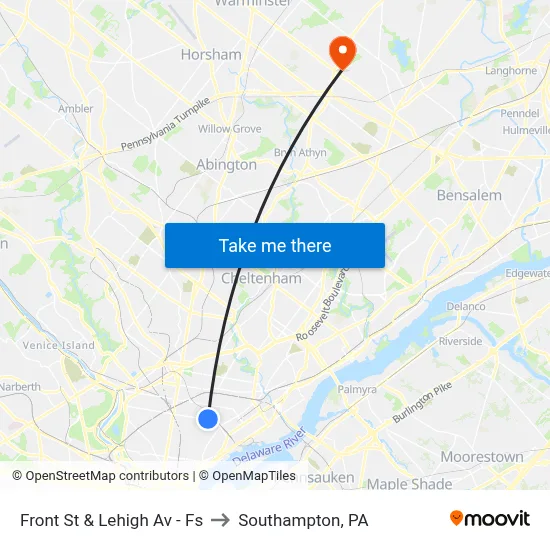 Front St & Lehigh Av - Fs to Southampton, PA map