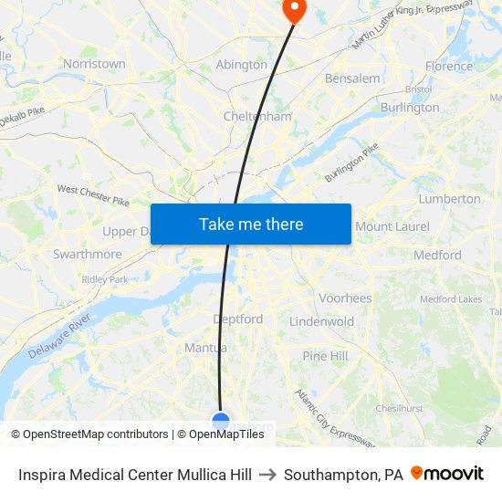 Inspira Medical Center Mullica Hill to Southampton, PA map