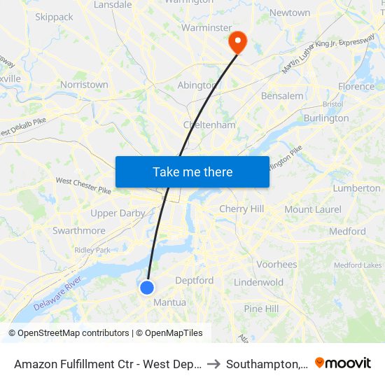 Amazon Fulfillment Ctr - West Deptford to Southampton, PA map