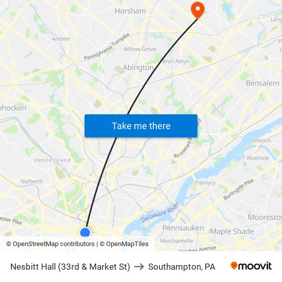 Nesbitt Hall (33rd & Market St) to Southampton, PA map