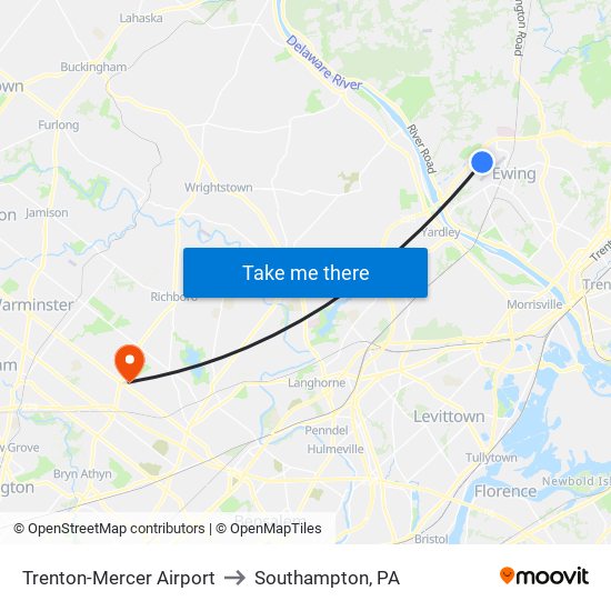 Trenton-Mercer Airport to Southampton, PA map