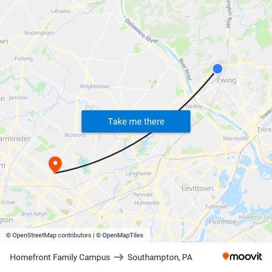 Homefront Family Campus to Southampton, PA map