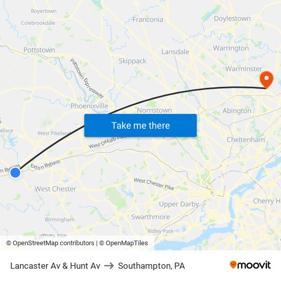 Lancaster Av & Hunt Av to Southampton, PA map