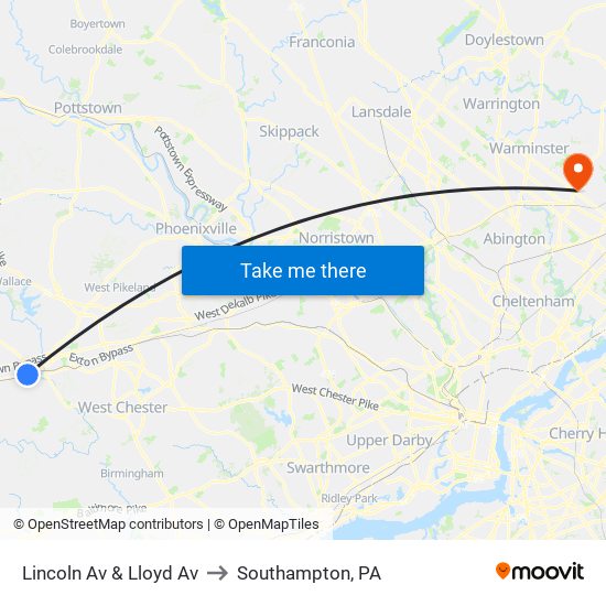 Lincoln Av & Lloyd Av to Southampton, PA map