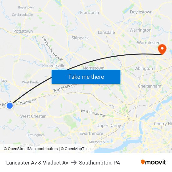 Lancaster Av & Viaduct Av to Southampton, PA map