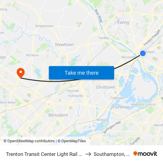 Trenton Transit Center Light Rail Sta to Southampton, PA map