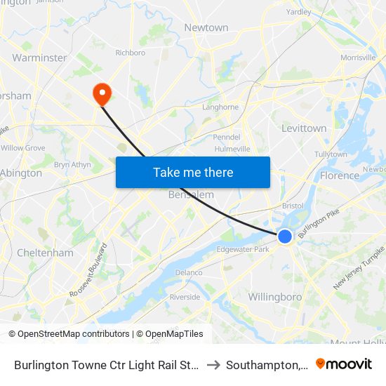 Burlington Towne Ctr Light Rail Station to Southampton, PA map