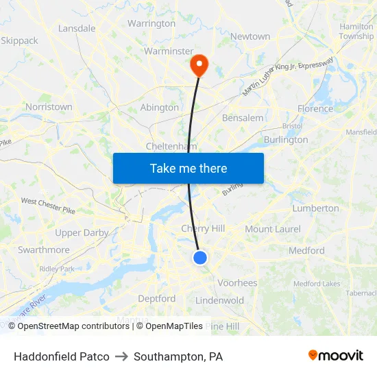 Haddonfield Patco to Southampton, PA map