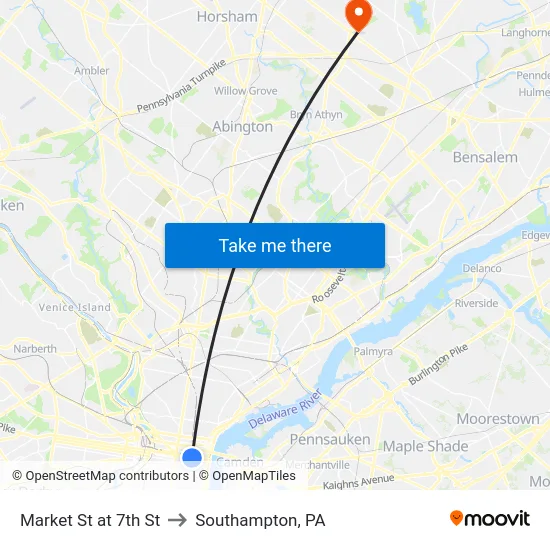 Market St at 7th St to Southampton, PA map