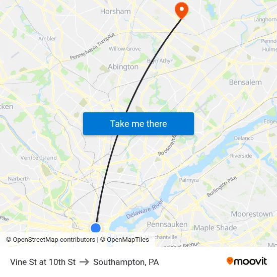 Vine St at 10th St to Southampton, PA map