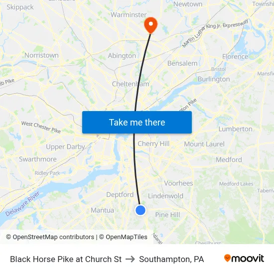 Black Horse Pike at Church St to Southampton, PA map