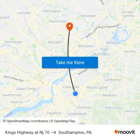 Kings Highway at Nj 70 to Southampton, PA map