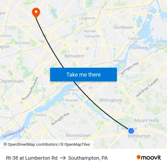 Rt-38 at Lumberton Rd to Southampton, PA map