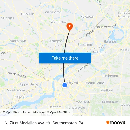 Nj 70 at Mcclellan Ave to Southampton, PA map