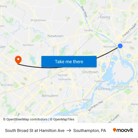 South Broad St at Hamilton Ave to Southampton, PA map