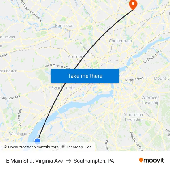 E Main St at Virginia Ave to Southampton, PA map