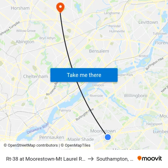 Rt-38 at Moorestown-Mt Laurel Rd# to Southampton, PA map