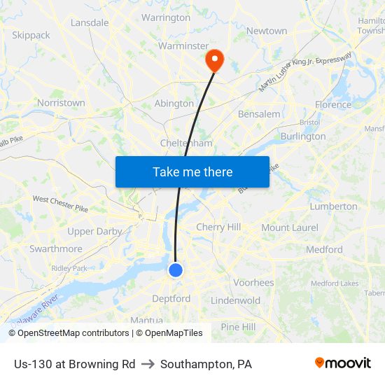 Us-130 at Browning Rd to Southampton, PA map