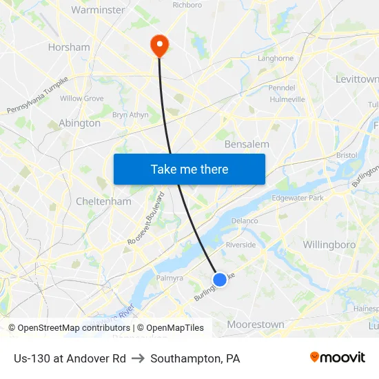 Us-130 at Andover Rd to Southampton, PA map