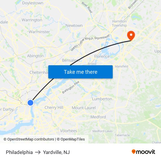 Philadelphia to Yardville, NJ map