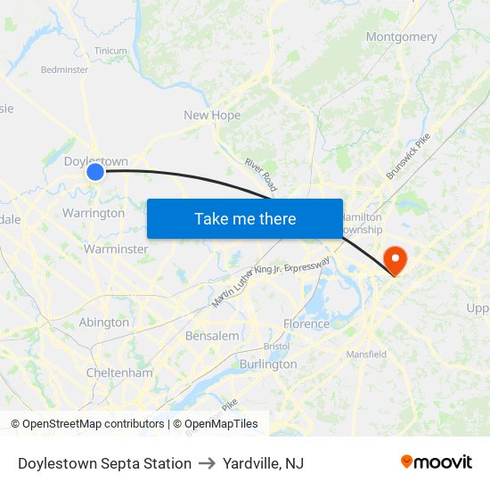 Doylestown Septa Station to Yardville, NJ map