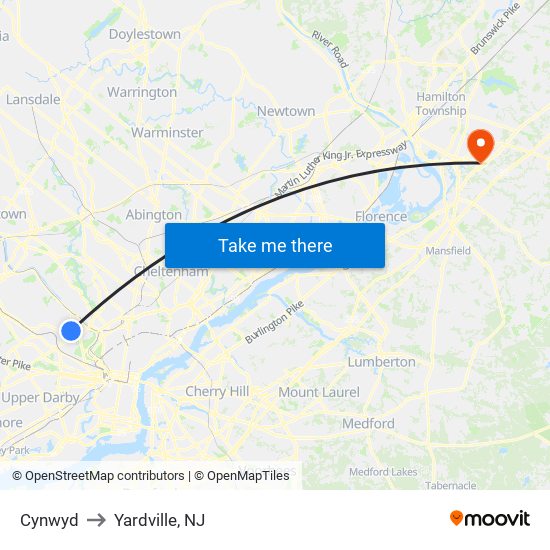 Cynwyd to Yardville, NJ map