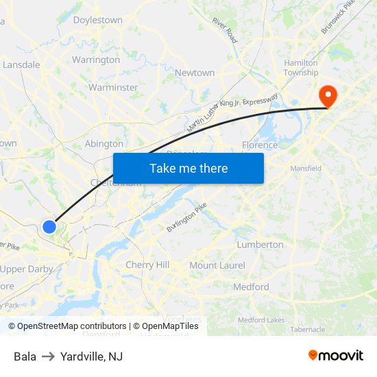 Bala to Yardville, NJ map
