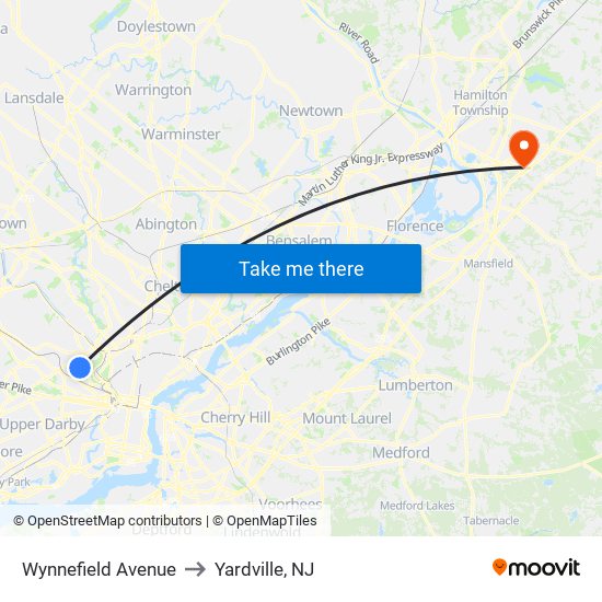 Wynnefield Avenue to Yardville, NJ map