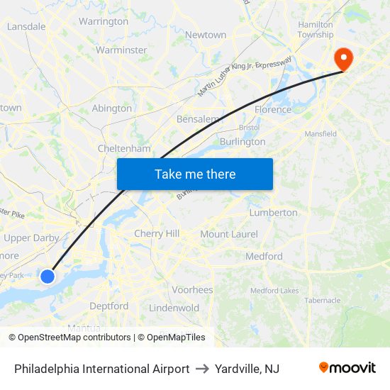 Philadelphia International Airport to Yardville, NJ map
