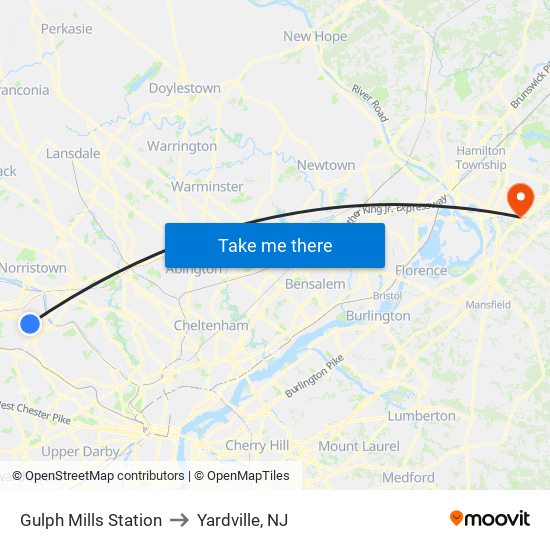 Gulph Mills Station to Yardville, NJ map