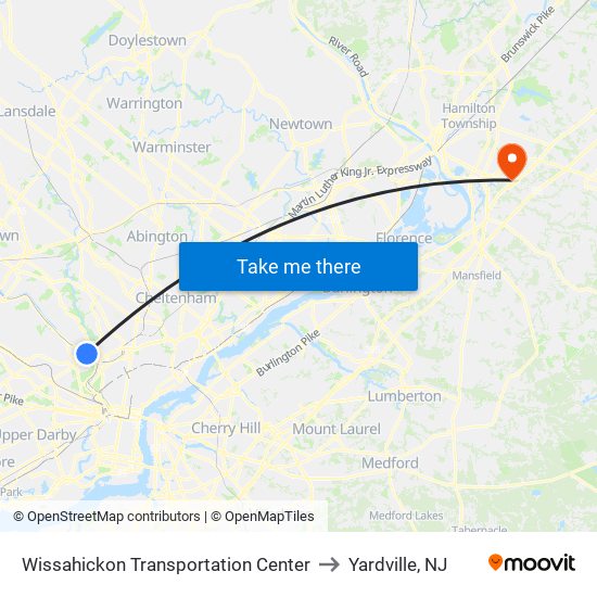 Wissahickon Transportation Center to Yardville, NJ map