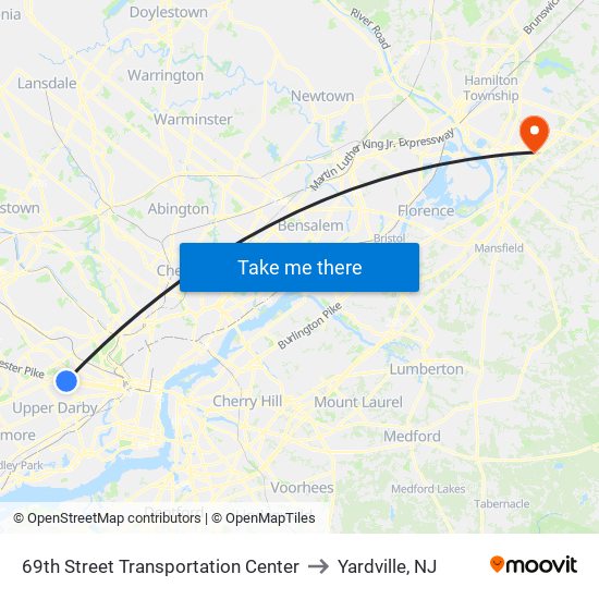 69th Street Transportation Center to Yardville, NJ map