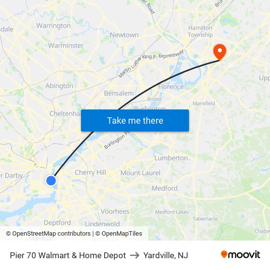 Pier 70 Walmart & Home Depot to Yardville, NJ map