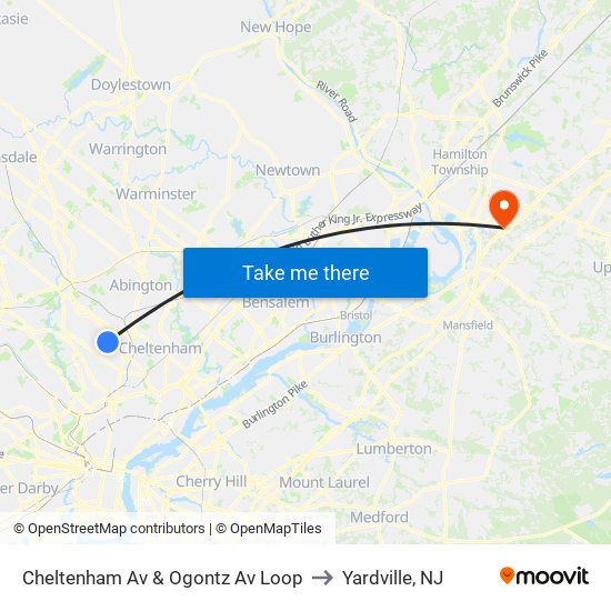 Cheltenham Av & Ogontz Av Loop to Yardville, NJ map