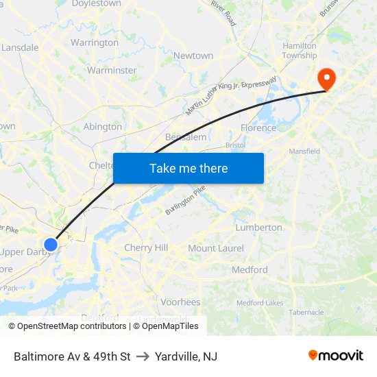Baltimore Av & 49th St to Yardville, NJ map