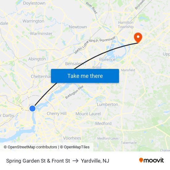 Spring Garden St & Front St to Yardville, NJ map