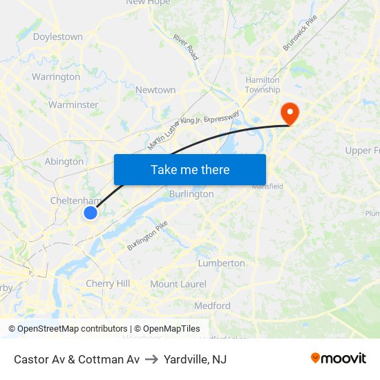 Castor Av & Cottman Av to Yardville, NJ map