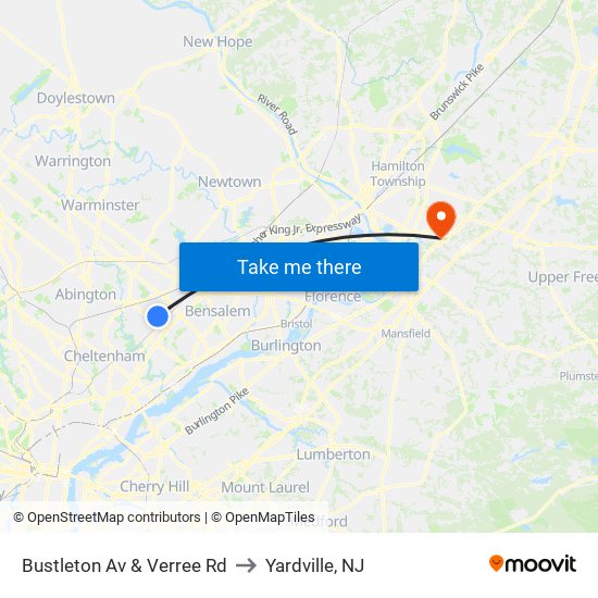 Bustleton Av & Verree Rd to Yardville, NJ map