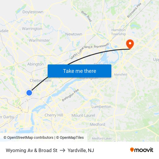 Wyoming Av & Broad St to Yardville, NJ map