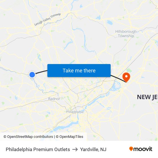 Philadelphia Premium Outlets to Yardville, NJ map